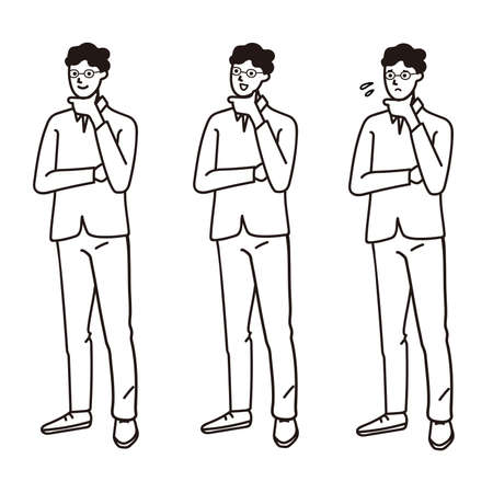 Full body vector set of a man thinking with his hand on his chin.のイラスト素材