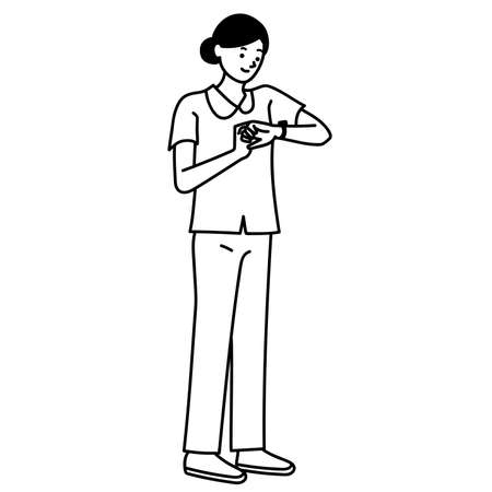 Full body vector illustration of a nurse looking at a clockのイラスト素材