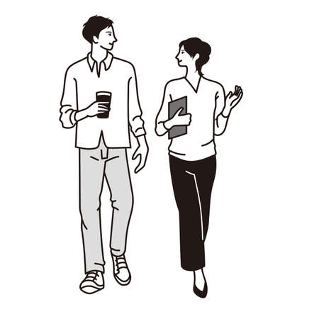 Illustration vector of a man and woman in an office talking and walkingのイラスト素材