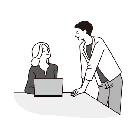 Vector illustration of a man and a woman talking in an officeのイラスト素材