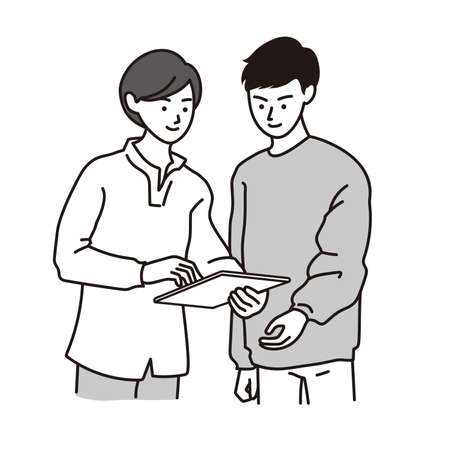 Vector illustration of a man and a woman talking in an officeのイラスト素材