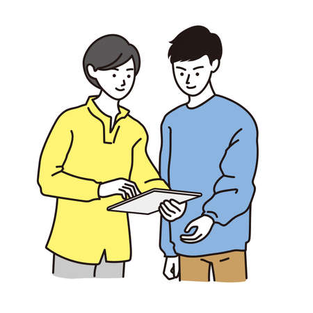 Vector illustration of a man and a woman talking in an officeのイラスト素材