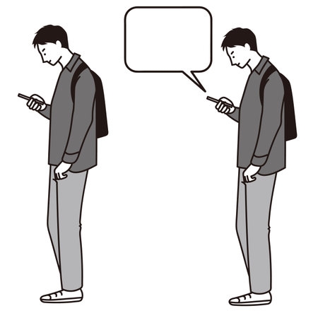 Vector illustration of a man looking at a cell phone in landscape orientationのイラスト素材