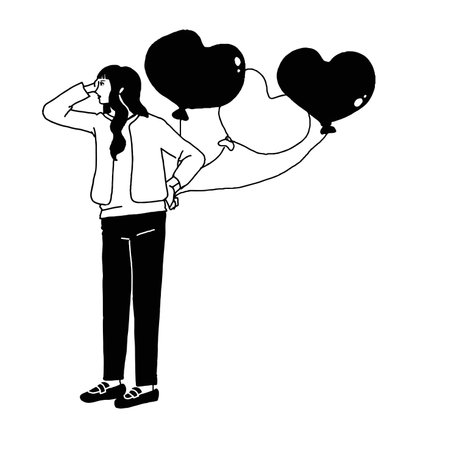 Line drawing of a woman with a balloonのイラスト素材