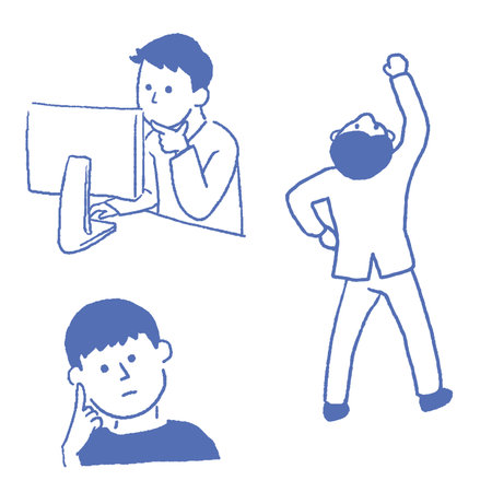 Vector illustration of a man in different situations. A man is holding a computer.のイラスト素材