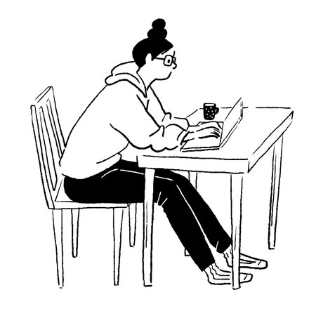 Young woman sitting at the table and reading a book. Vector illustration.のイラスト素材