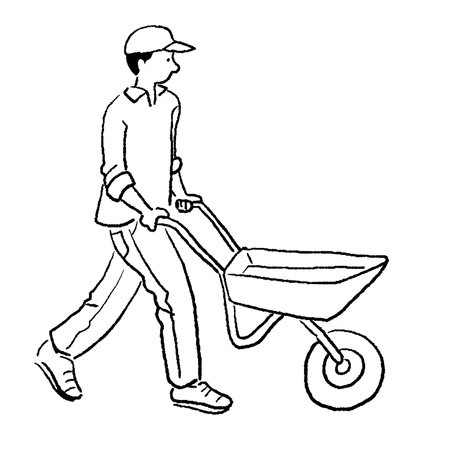 Man with a wheelbarrow. Vector illustration of a man carrying a wheelbarrow.のイラスト素材