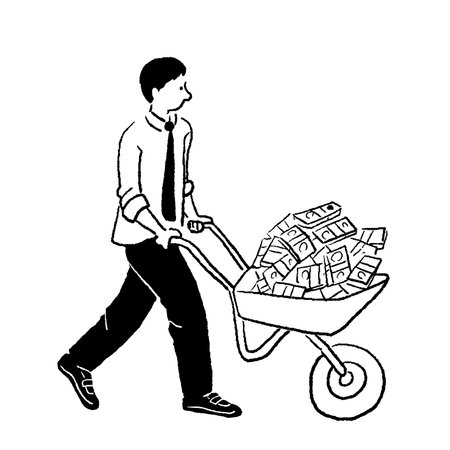 Businessman pushing a wheelbarrow with money. Black and white vector illustration.のイラスト素材