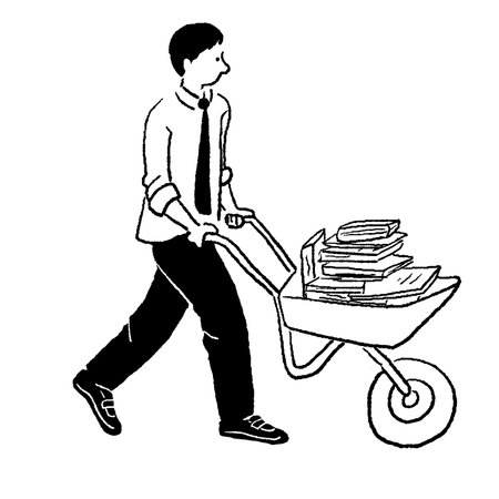 Businessman carrying a wheelbarrow full of papers. Vector illustrationのイラスト素材