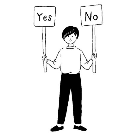 Man holding a placard with the word yes and no. Vector illustration.のイラスト素材