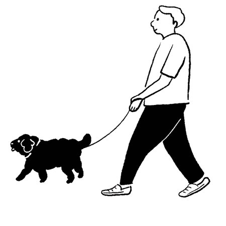 man walking with dog on leash, black and white vector illustration graphic designのイラスト素材