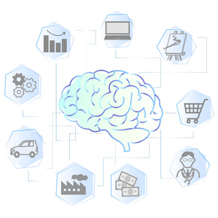 Human brain with icons and symbols on white background, vector illustration.のイラスト素材