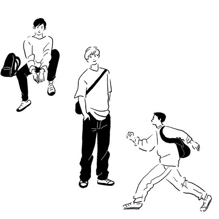 Vector illustration of a group of teenagers walking in the park. Isolated on white background.のイラスト素材