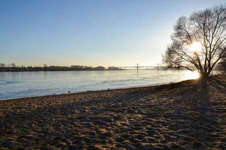 Beautiful sunset on the great Russian river Volgaの写真素材