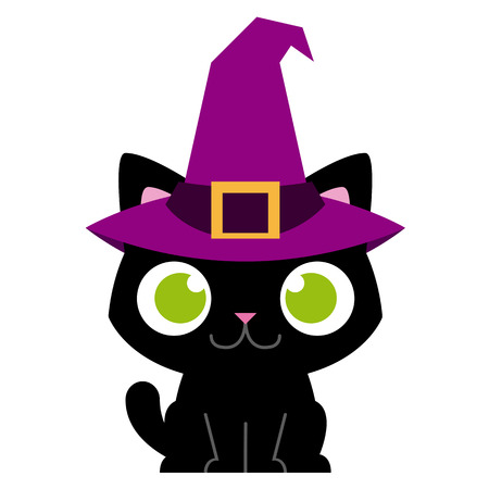 Vector Adorable Cartoon Cat With Witch Hat Isolatedのイラスト素材
