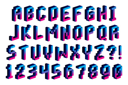 Vector Pixel 3D Font Alphabet And Numbers Isolatedのイラスト素材