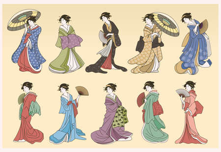 Set of colored japanese geisha with traditional clothes Vectorのイラスト素材