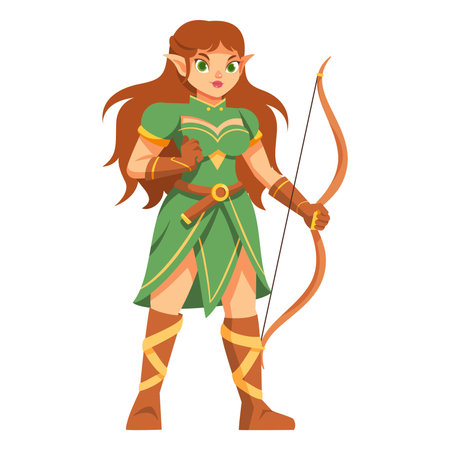 vector cute archer elf medieval fantasy cartoon illustration isolatedのイラスト素材