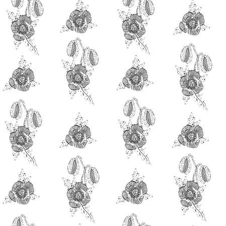 Seamless pattern with hand-drawn contour illustration of poppyの写真素材