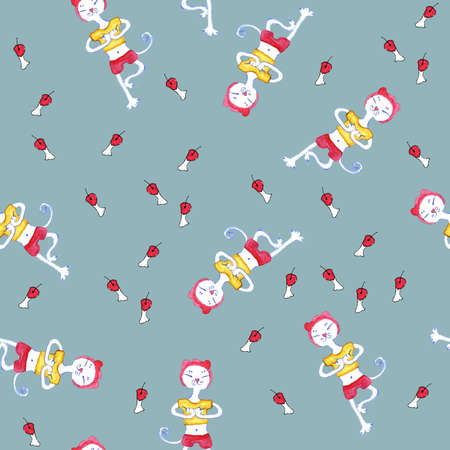 Seamless pattern with cartoon cat doing yoga. Symbol of a healthy lifestyle.の写真素材