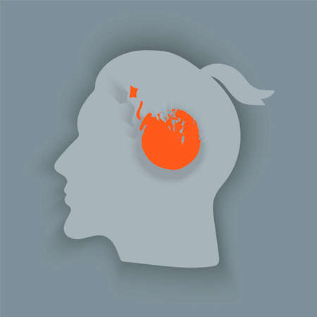 Tearing headache.Headache icon. Abstract minimal illustration of young man with red bomb in his head suffers from headache. Design template for medicine or therapy for headache.の写真素材