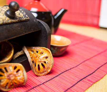 Bael tea with bark of bael fruit, the properties of hot bael fruit juice is a kind of herb - the concept of health.の写真素材