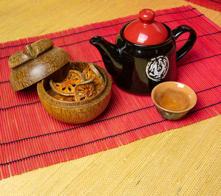 Bael tea with bark of bael fruit, the properties of hot bael fruit juice is a kind of herb - the concept of health.の写真素材