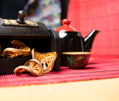 Bael tea with bark of bael fruit, the properties of hot bael fruit juice is a kind of herb - the concept of health.の写真素材