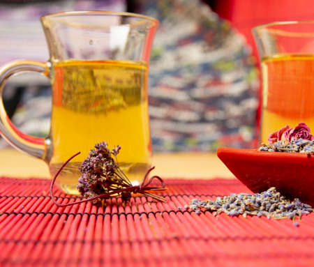 Herbal cold tea with lavender, linden and oregano in glass cups on a yellow and red background.の写真素材