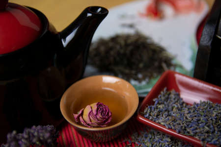 Herbal tea with lavender. Dried lavender flowers for tea. A mixture of herbs for tea.