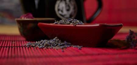 Herbal tea with lavender. Dried lavender flowers for tea.の写真素材
