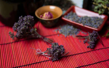 Herbal tea with lavender. Dried lavender flowers for tea. A mixture of herbs for tea.の写真素材