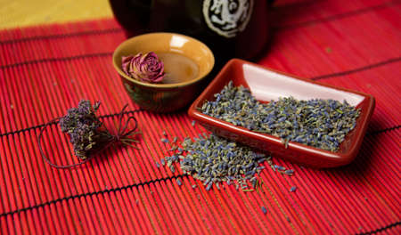 Herbal tea with lavender. Dried lavender flowers for tea. A mixture of herbs for tea.の写真素材