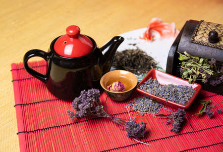 Herbal tea with lavender. Dried lavender flowers for tea. A mixture of herbs for tea.の写真素材