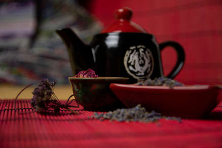 Herbal tea with lavender. Dried lavender flowers for tea. A mixture of herbs for tea.の写真素材