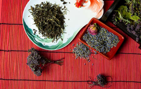 Green Chinese tea with lavender. Dried lavender flowers for tea. Tea mix.