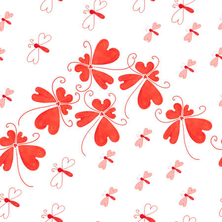 Patterns of red hearts doodles for textiles, packaging, background for Valentine's Day. Flowers and insects in the style of doodles from hearts.の写真素材