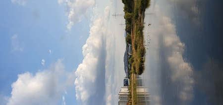 Han River view: blue sky, clouds, and migratory birds.