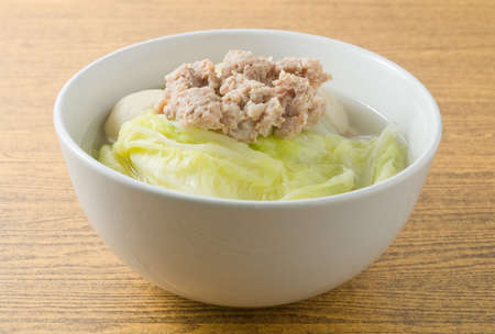 Thai Cuisine and Food, A Bowl of Delicious Lettuce with Minced Pork and Fish Meat Ball Soup.の写真素材