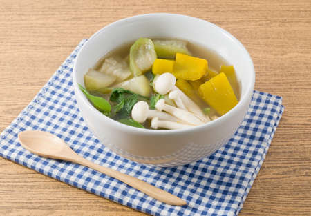 Thai Cuisine and Food, Bowl of Thai Hot and Spicy Mixed Vegetables Soup Healthy Soup Made From...