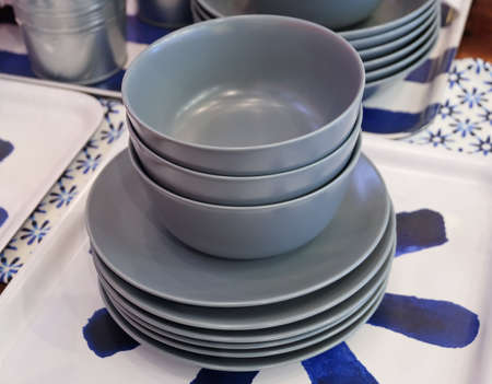 Kitchen Utensil, Set of Porcelain Dishes, Bowls and Plates Preparing for Serve Hot and Cold Food.の写真素材