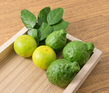 Vegetable and Herb, Fresh Kaffir Lime with Persian Lime and Kaffir Leaves for Seasoning in Cooking...