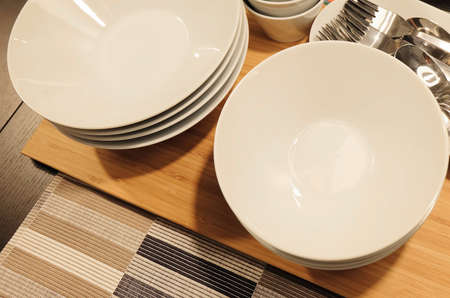 Kitchen Utensil, Collection of Ceramic Plates, Bowls and Cutlery, Preparing for Special Dinner or Lunch.の写真素材