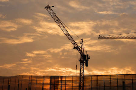 Industrial Background, Large Construction Site Including Several Cranes with Golden Sky and Sunrise in The Morning.の写真素材