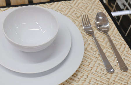 Kitchen Utensil, Collection of Ceramic Plates, Bowls and Cutlery, Preparing for Special Dinner or...