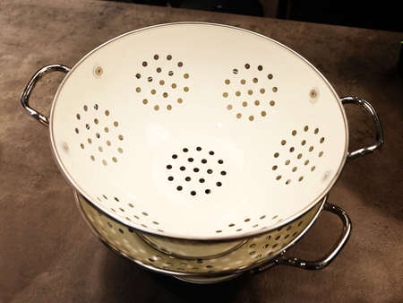 Kitchen Utensil, Set of Empty Decorated White Metal Bowl with Pedal Use for Served Fresh Fruit and Vegetables, Preparing for Special Dinner or Lunch.の写真素材