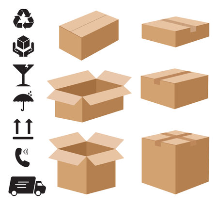 Versatile Cardboard or Carton Boxes with Delivery and Shipping Icons to Package and Ship Your Products and Materials. Available in Various Sizes for Your Convenience.のイラスト素材