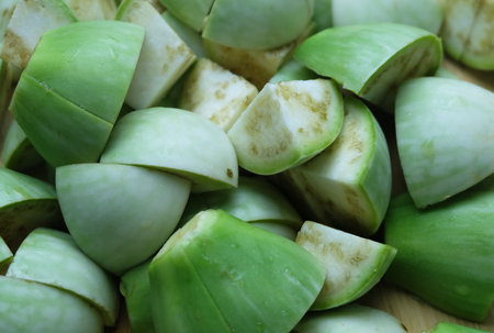 Chopped Fresh Green Cockroach Berry or Green Eggplant, A Nutritious Ingredient Often Used in A Variety of Asian Flavorful Dishes.の写真素材