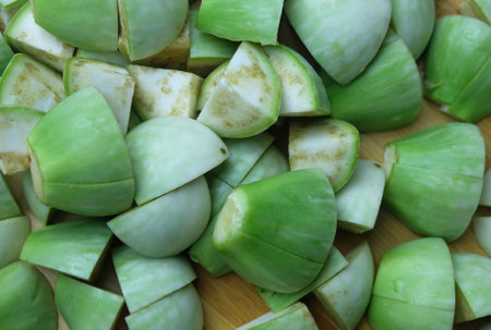 Chopped Fresh Green Cockroach Berry or Green Eggplant, A Nutritious Ingredient Often Used in A Variety of Asian Flavorful Dishes.の写真素材
