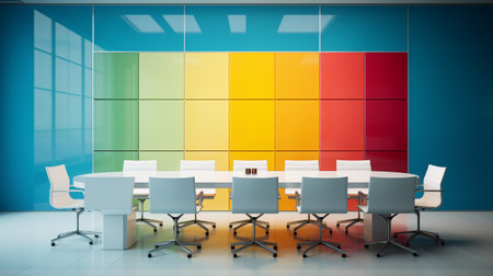 Contemporary conference room featuring an empty boardroom table, radiating sleek professionalism. Ideal setting for corporate meetings and presentations in a modern, sophisticatedの素材